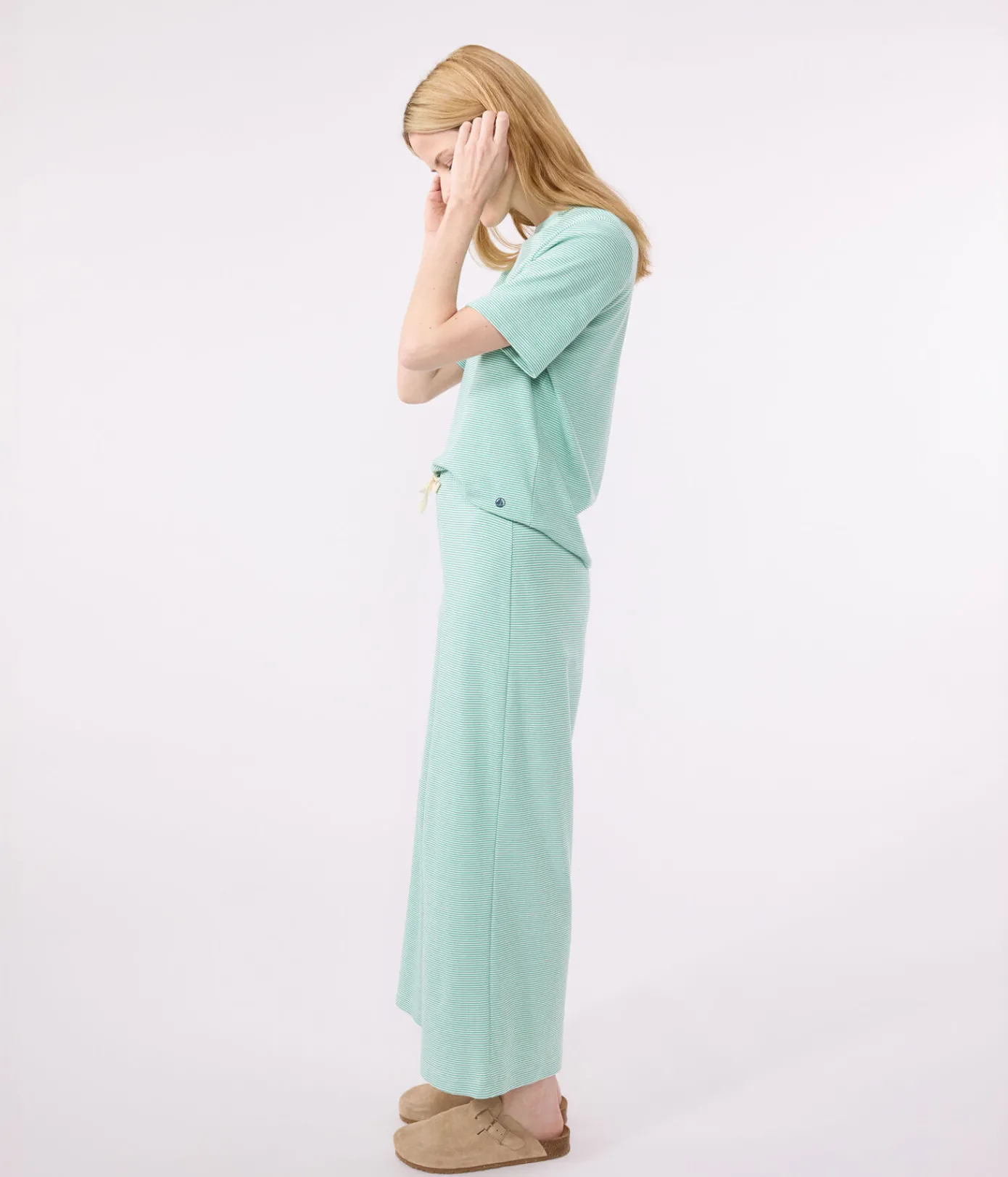 Petit Bateau Homewear|Schlafanzüge, Nachthemden*Damen-Pyjama aus Baumwolle mit weiten Beinen und Streifen grün ALOEVERA/weiss MARSHMALLOW