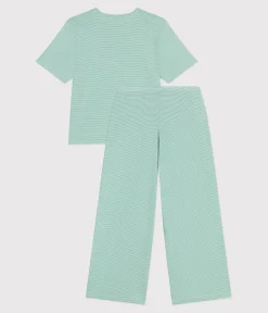 Petit Bateau Homewear|Schlafanzüge, Nachthemden*Damen-Pyjama aus Baumwolle mit weiten Beinen und Streifen grün ALOEVERA/weiss MARSHMALLOW