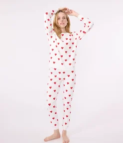 Petit Bateau Homewear|Schlafanzüge, Nachthemden*Damenpyjama aus Baumwolle, mit Herzchen weiss MARSHMALLOW/ROT TERKUIT