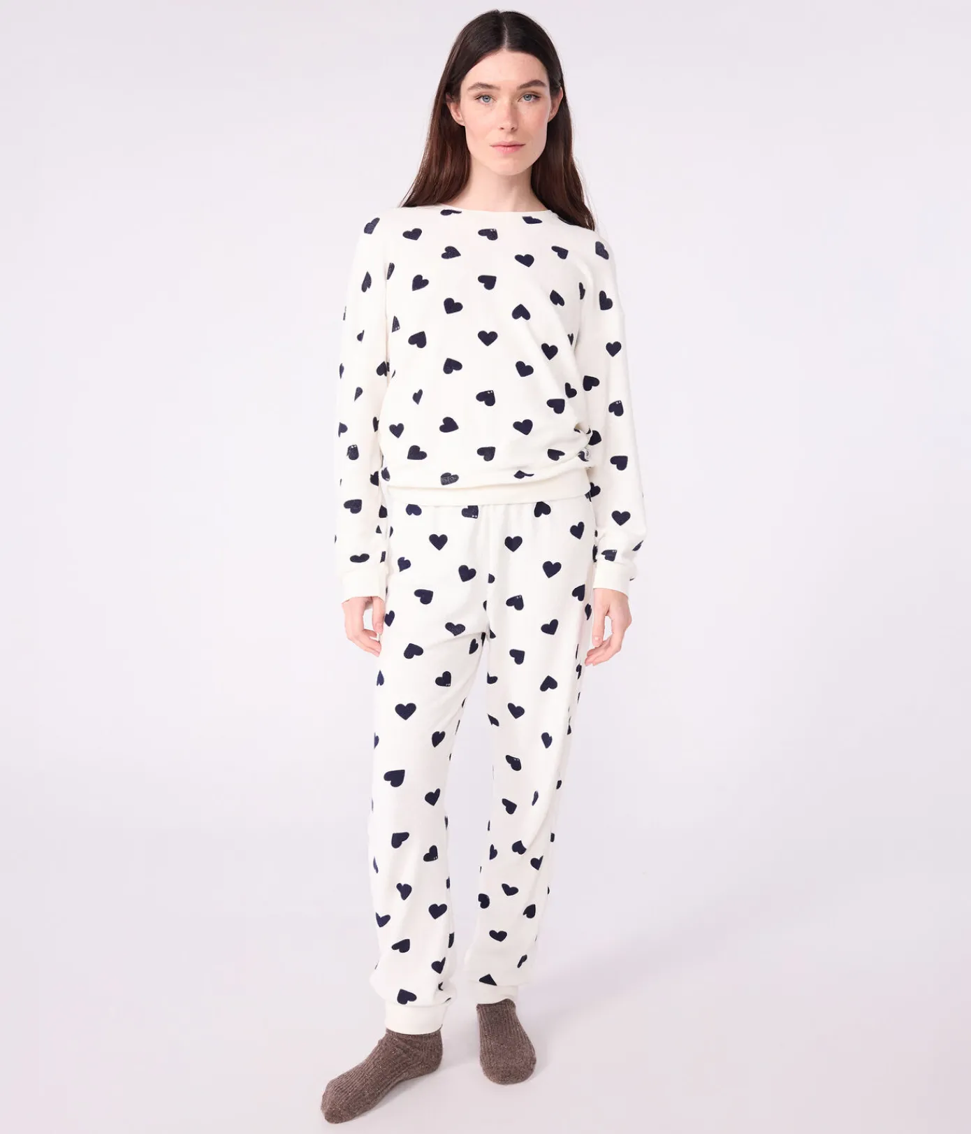 Petit Bateau Homewear|Schlafanzüge, Nachthemden*Damen-Pyjama aus Baumwoll-Frottee mit Herzmotiv blau MILK/ SOIR