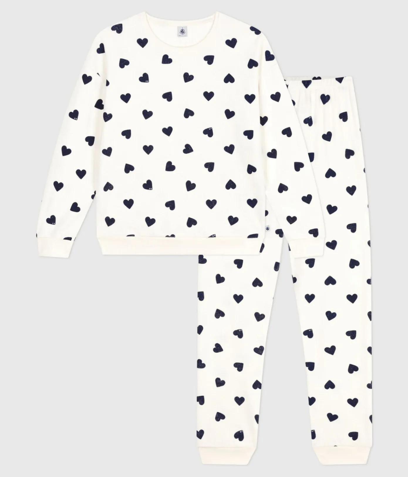 Petit Bateau Homewear|Schlafanzüge, Nachthemden*Damen-Pyjama aus Baumwoll-Frottee mit Herzmotiv blau MILK/ SOIR