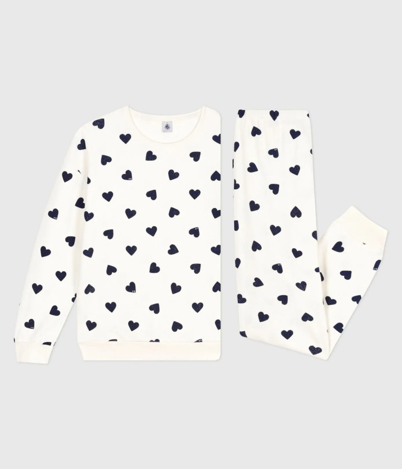 Petit Bateau Homewear|Schlafanzüge, Nachthemden*Damen-Pyjama aus Baumwoll-Frottee mit Herzmotiv blau MILK/ SOIR