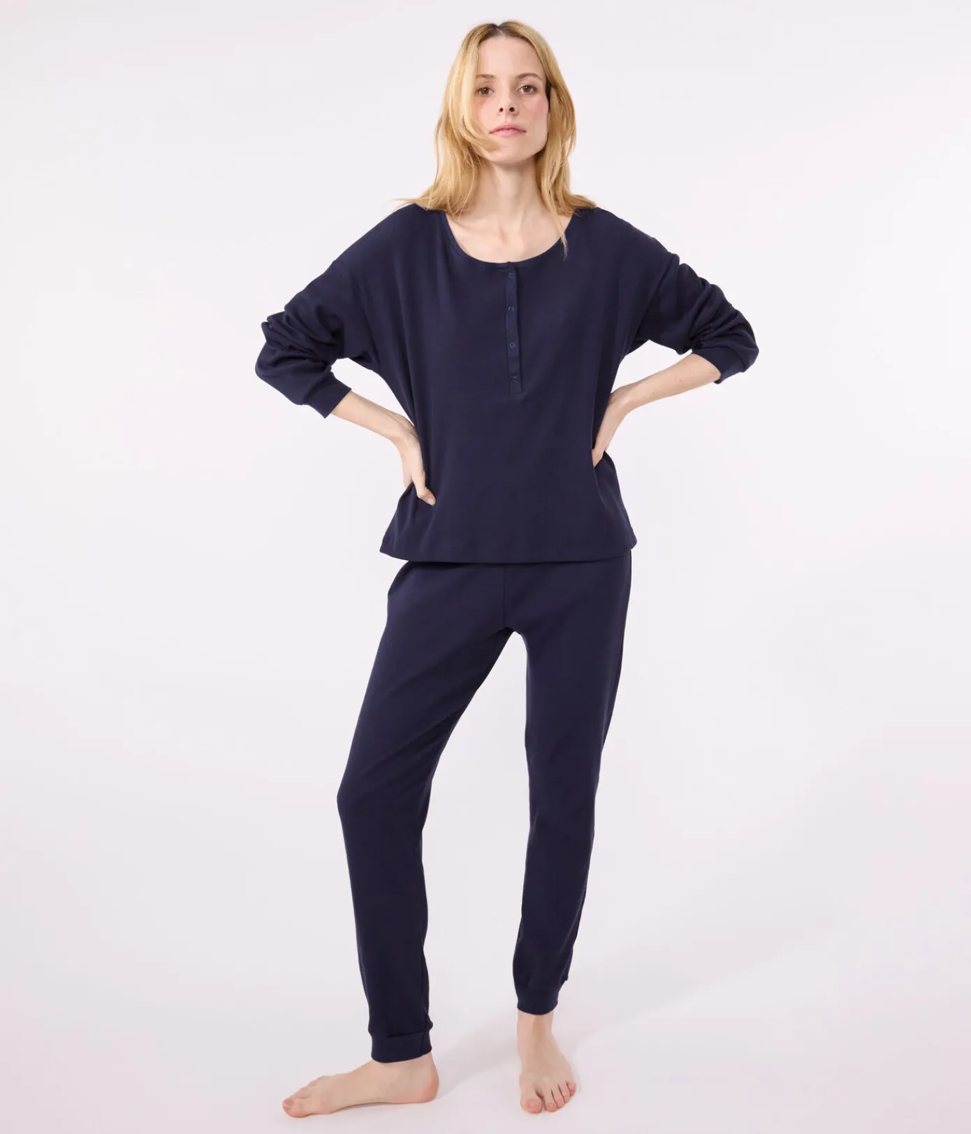 Petit Bateau Homewear|Schlafanzüge, Nachthemden*Damen-Pyjama aus einfarbiger Baumwolle blau SMOKING