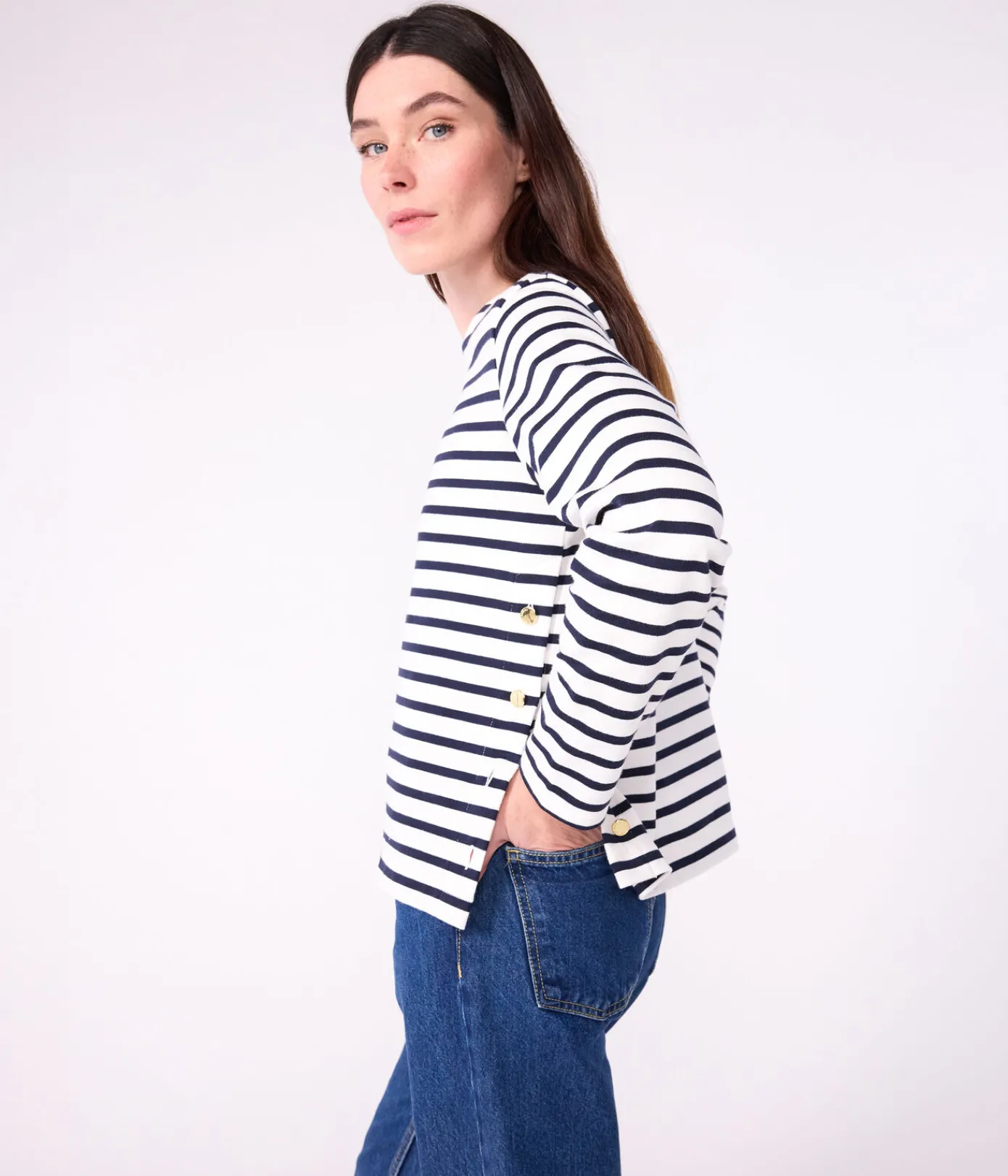 Petit Bateau Streifenshirts, Pullover, Cardigans*Damen-Streifenshirt weiss MARSHMALLOW/blau SMOKING