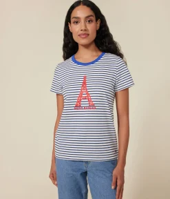 Petit Bateau Alle T-Shirts|Das Gerade (Regular)*Damen-T-Shirt LE DROIT mit Rundhalsausschnitt aus Baumwolle weiss MARSHMALLOW/blau MEDIEVAL