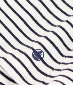 Petit Bateau Alle T-Shirts|Das Ikonische (Slim)*Damen-T-Shirt L'Iconique aus Baumwolle mit V-Ausschnitt, gestreift weiss MARSHMALLOW/blau SMOKING