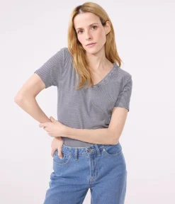 Petit Bateau Alle T-Shirts|Das Ikonische (Slim)*Damen-T-Shirt L'Iconique aus Baumwolle mit V-Ausschnitt, gestreift blau SMOKING/weiss MARSHMALLOW