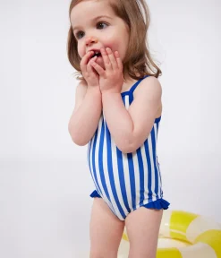 Petit Bateau Bademode, Uv-Kleidung*Einteiliger Baby-Badeanzug mit Streifenmuster und Rüschen blau SURF/weiss MARSHMALLOW
