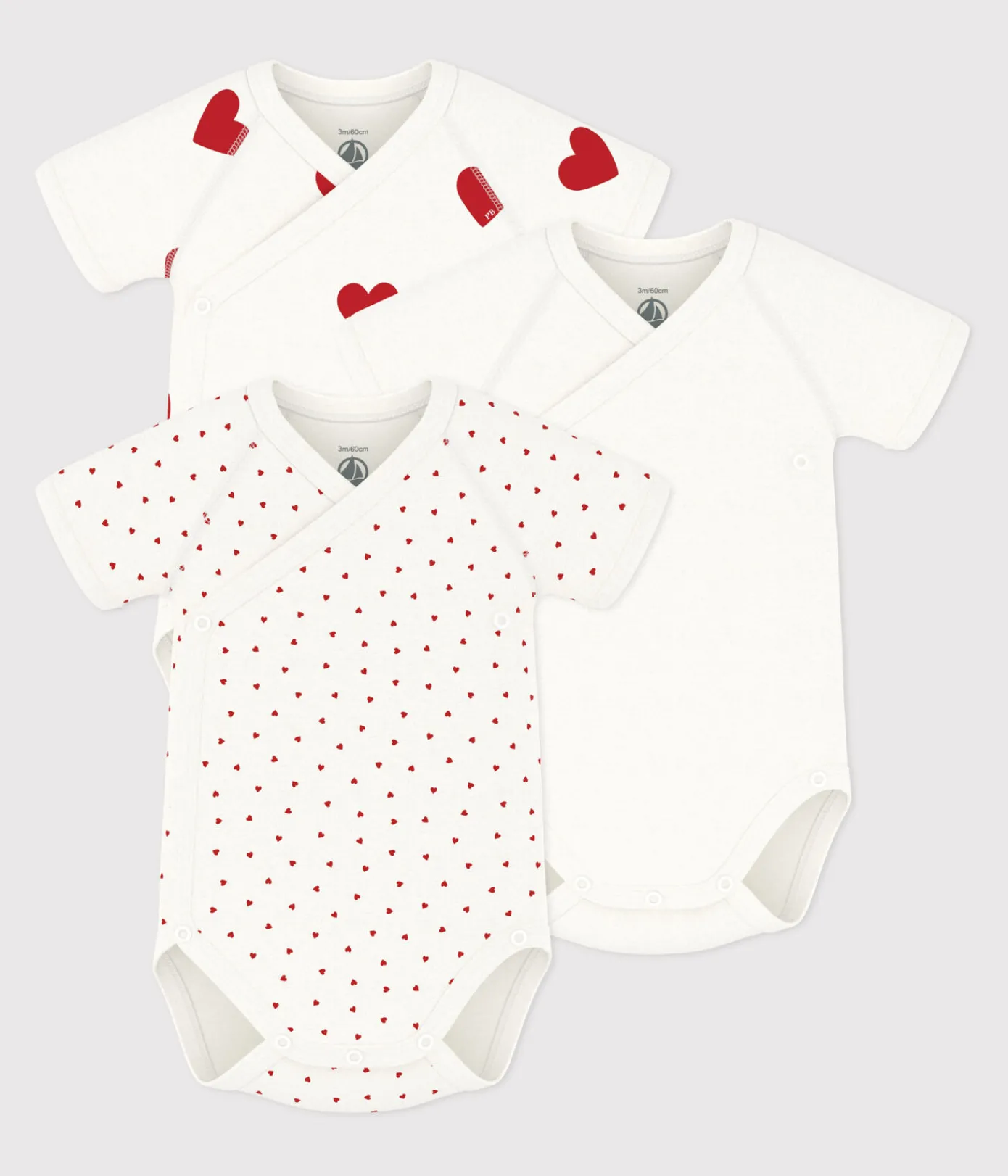 Petit Bateau Newborn|Bodys*3er-Set kurzärmelige Baby-Wickelbodys aus Baumwolle mit Herzmotiv variante 1