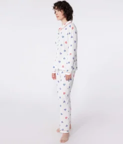 Petit Bateau Homewear|Schlafanzüge, Nachthemden*Geknöpfter Damen-Schlafanzug aus Baumwolle mit Herz-Print weiss MARSHMALLOW/weiss MULTICO
