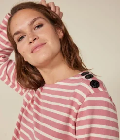Petit Bateau Streifenshirts, Pullover, Cardigans*Geknöpftes Damen-Streifenshirt rosa ROSEWOOD/ AVALANCHE
