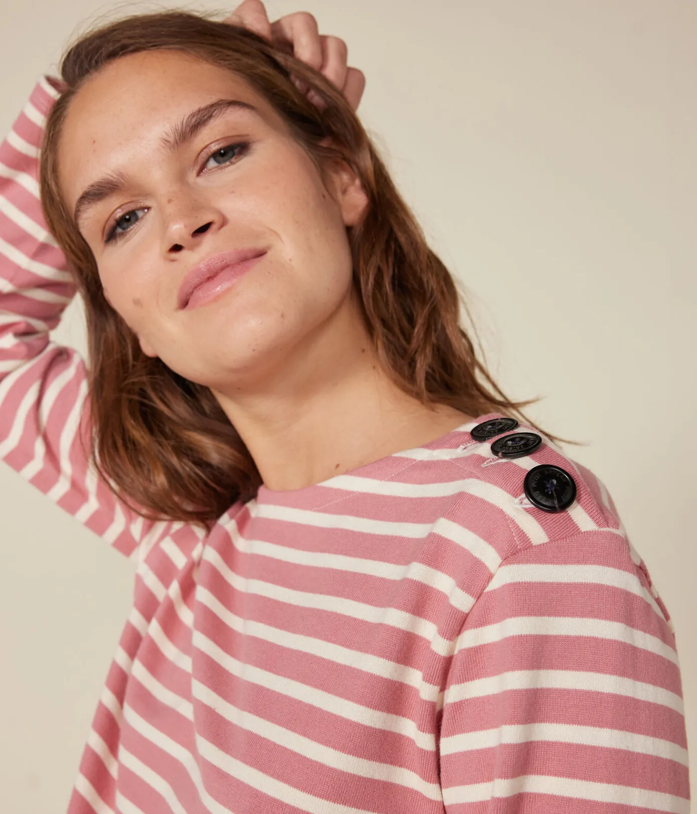 Petit Bateau Streifenshirts, Pullover, Cardigans*Geknöpftes Damen-Streifenshirt rosa ROSEWOOD/ AVALANCHE