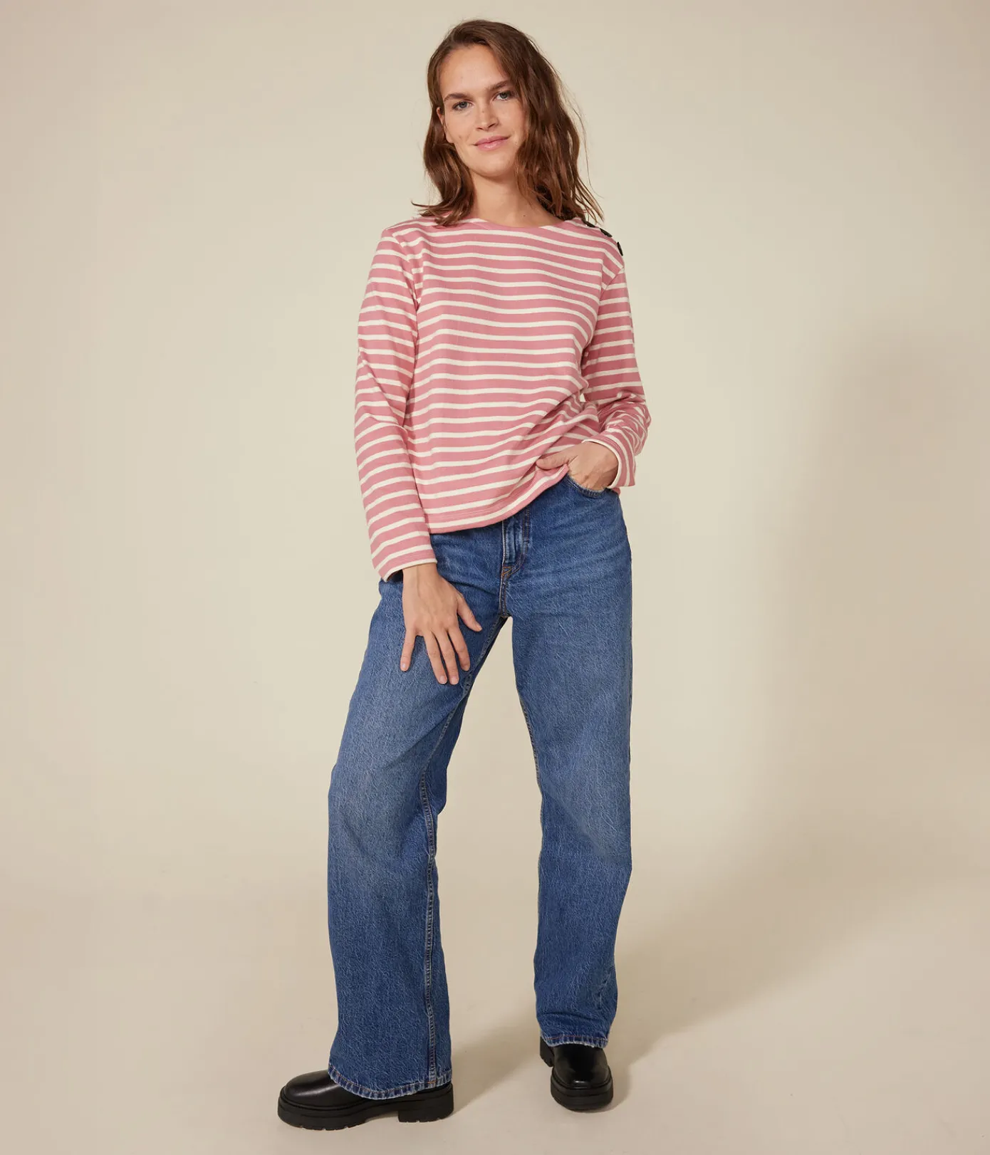 Petit Bateau Streifenshirts, Pullover, Cardigans*Geknöpftes Damen-Streifenshirt rosa ROSEWOOD/ AVALANCHE