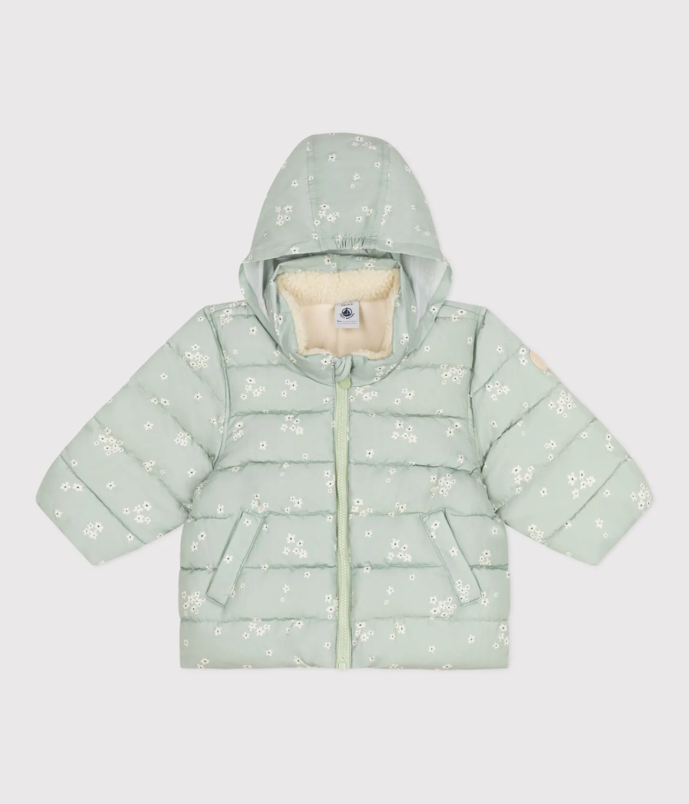 Petit Bateau Jacken, Anoraks*Gemusterte Baby-Winterjacke mit einrollbarer Kapuze grün HERBIER/weiss MULTICO