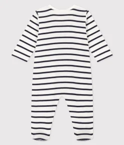 Petit Bateau Schlafanzüge, Strampler*Gestreifter Baby-Pyjama aus Rippstrick weiss MARSHMALLOW/blau SMOKING