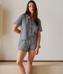 Petit Bateau Schlafanzüge, Nachthemden*Gestreifter kurzer Damen-Schlafanzug aus Baumwolle mit Knöpfen blau SMOKING/weiss MARSHMALLOW