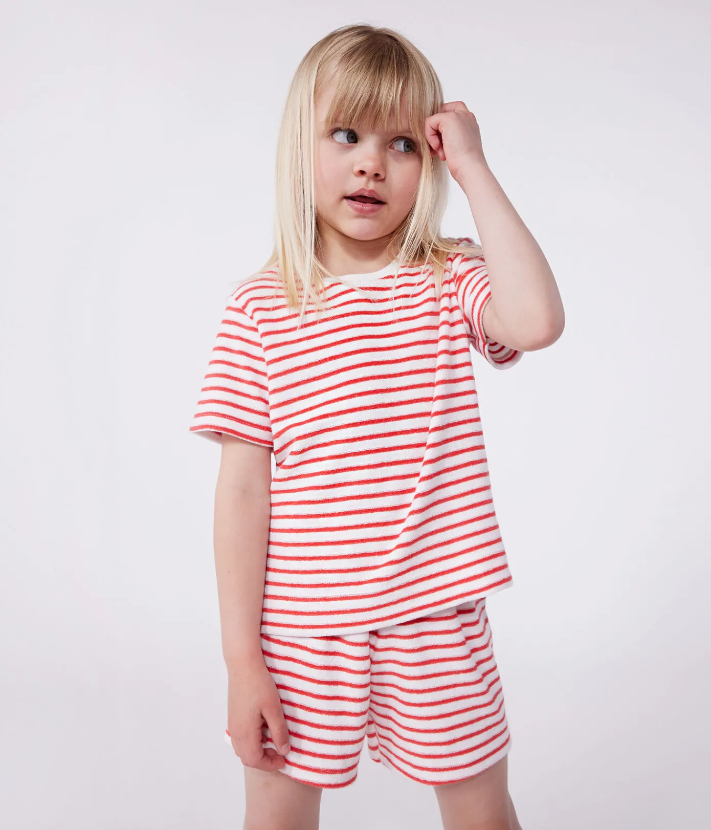 Petit Bateau Schlafanzüge, Pyjamas|Schlafanzüge, Nachthemden*Gestreifter kurzer Kinder-Schlafanzug aus Frottee-Baumwolle ROT MARSHMALLOW/ SPI