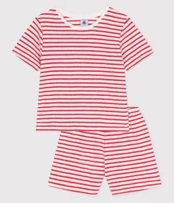 Petit Bateau Schlafanzüge, Pyjamas|Schlafanzüge, Nachthemden*Gestreifter kurzer Kinder-Schlafanzug aus Frottee-Baumwolle ROT MARSHMALLOW/ SPI
