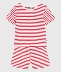 Petit Bateau Schlafanzüge, Pyjamas|Schlafanzüge, Nachthemden*Gestreifter kurzer Kinder-Schlafanzug aus Frottee-Baumwolle ROT MARSHMALLOW/ SPI