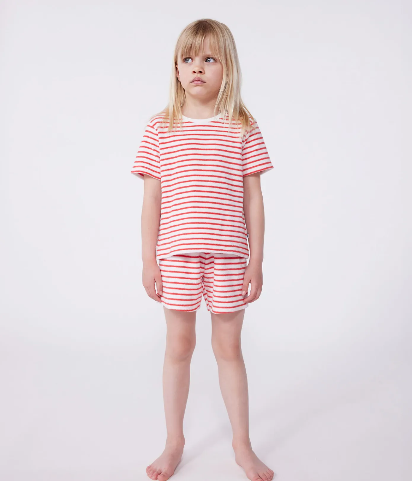 Petit Bateau Schlafanzüge, Pyjamas|Schlafanzüge, Nachthemden*Gestreifter kurzer Kinder-Schlafanzug aus Frottee-Baumwolle ROT MARSHMALLOW/ SPI