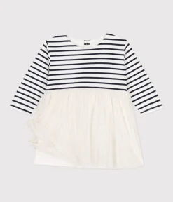 Petit Bateau Kleider*Gestreiftes Baby-Kleid aus Doppeljersey und Tüll weiss MARSHMALLOW/weiss MULTICO