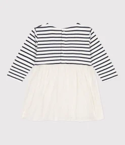 Petit Bateau Kleider*Gestreiftes Baby-Kleid aus Doppeljersey und Tüll weiss MARSHMALLOW/weiss MULTICO