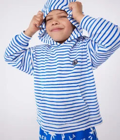 Petit Bateau Sweatshirts, Pullover, Cardigans*Kinder Unisex-Kapuzensweatshirt aus Baumwoll-Frottee mit Streifen blau MARSHMALLOW/ PORCELANA