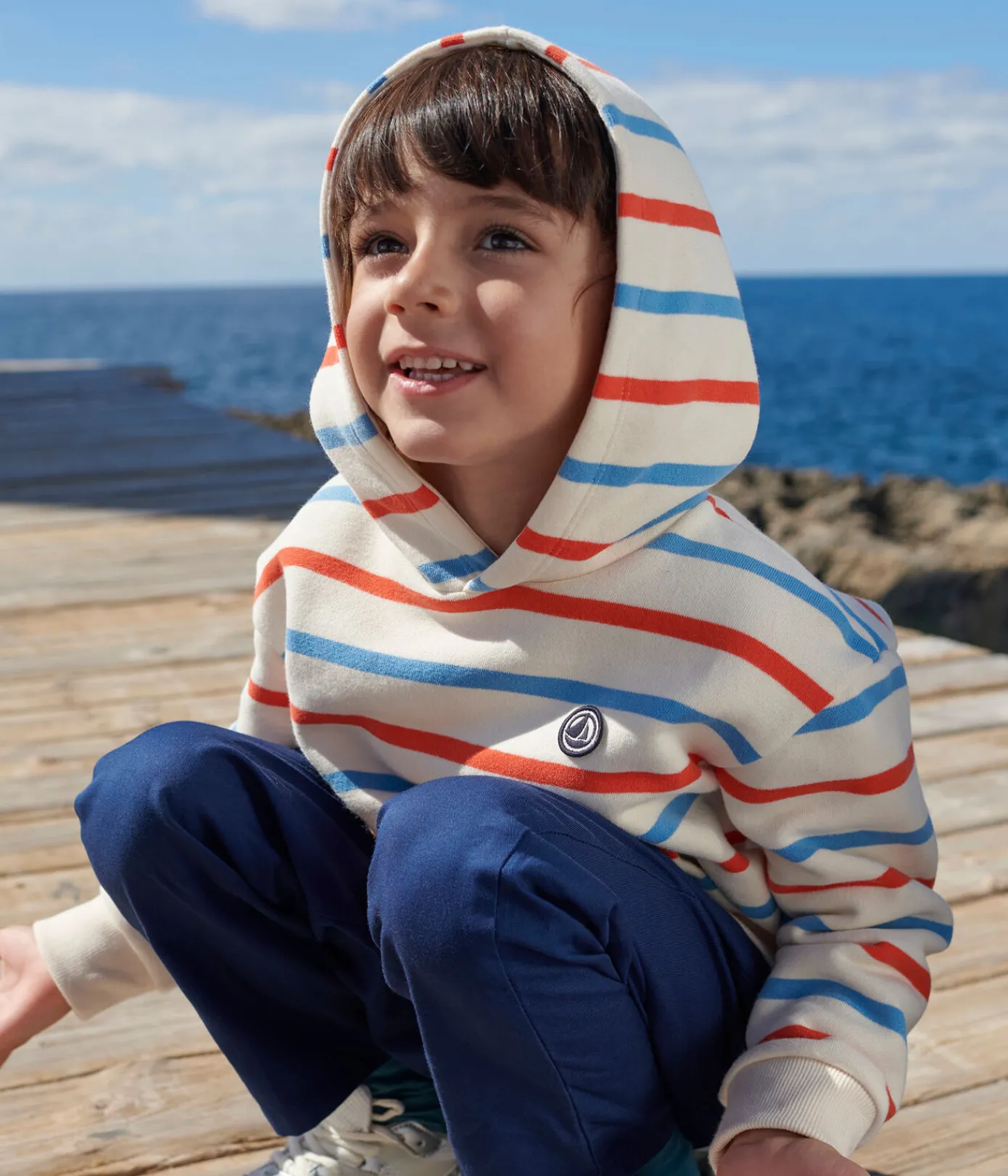 Petit Bateau Sweatshirts, Pullover, Cardigans|Sweatshirts, Pullover, Cardigans*Kinder Unisex-Kapuzensweatshirt aus Baumwolle mit Streifen weiss AVALANCHE/ MULTICO