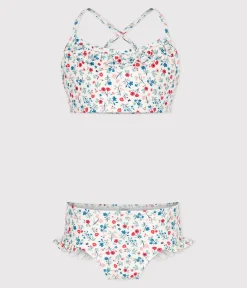 Petit Bateau Bademode, Uv-Kleidung*Kinder-Bikini mit Blumenmuster weiss MARSHMALLOW/weiss MULTICO