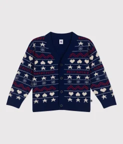 Petit Bateau Sweatshirts, Pullover, Cardigans*Kinder-Cardigan aus Woll- und Baumwoll-Jacquard für Jungen blau MEDIEVAL/weiss MULTICO