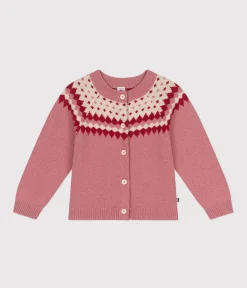 Petit Bateau Sweatshirts, Pullover, Cardigans*Kinder-Cardigan aus Woll- und Baumwoll-Jacquard für Mädchen rosa ROSEWOOD/ AVALANCHE