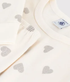 Petit Bateau Schlafanzüge, Nachthemden*Kinder-Pyjama aus Baumwolle mit silberfarbenen Herzen naturfarben MILK/ ARGENT