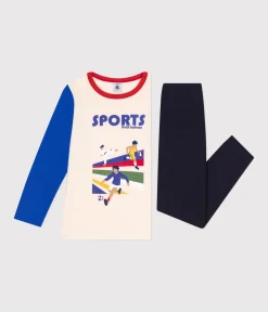 Petit Bateau Schlafanzüge, Pyjamas|Schlafanzüge, Nachthemden*Kinder-Pyjama aus einfarbiger Baumwolle mit Sportmotiven blau SMOKING/weiss MULTICO