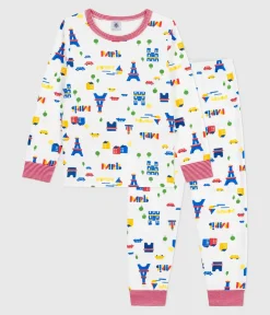 Petit Bateau Schlafanzüge, Pyjamas|Schlafanzüge, Nachthemden*Kinder-Pyjama aus Molton mit Paris-Motiven weiss MARSHMALLOW/weiss MULTICO