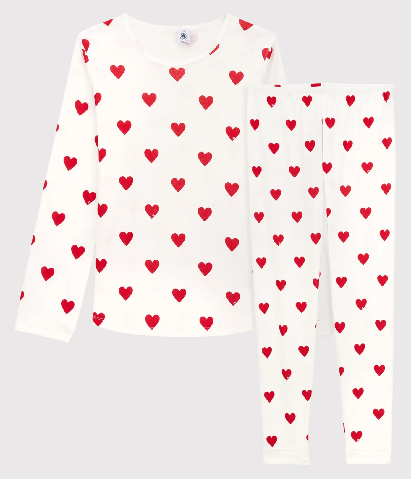 Petit Bateau Schlafanzüge, Pyjamas|Schlafanzüge, Nachthemden*Kinderpyjama aus Rippstrick mit Herzchen für Mädchen weiss MARSHMALLOW/ROT TERKUIT