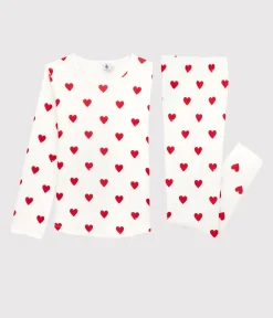 Petit Bateau Schlafanzüge, Pyjamas|Schlafanzüge, Nachthemden*Kinderpyjama aus Rippstrick mit Herzchen für Mädchen weiss MARSHMALLOW/ROT TERKUIT