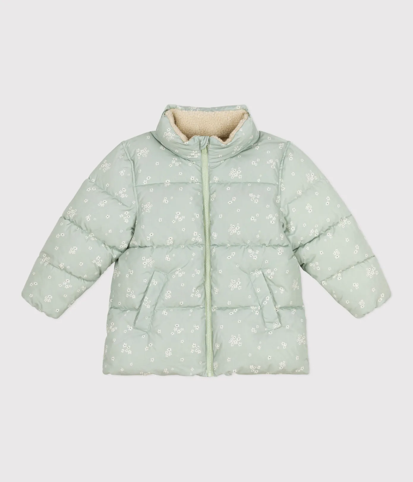 Petit Bateau Mäntel, Jacken, Regenjacken*Kinder-Winterjacke mit einrollbarer Kapuze für Mädchen grün HERBIER/weiss MULTICO