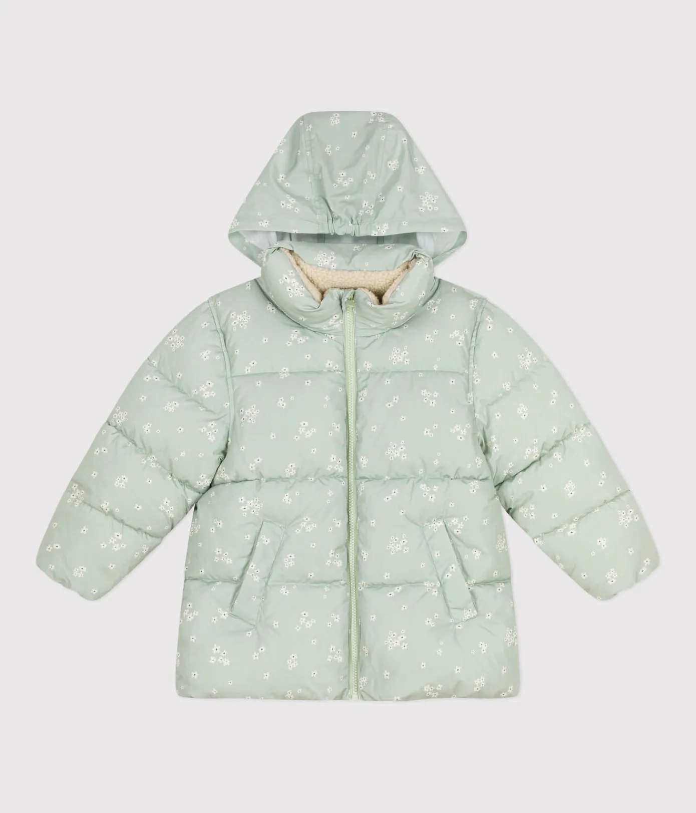 Petit Bateau Mäntel, Jacken, Regenjacken*Kinder-Winterjacke mit einrollbarer Kapuze für Mädchen grün HERBIER/weiss MULTICO