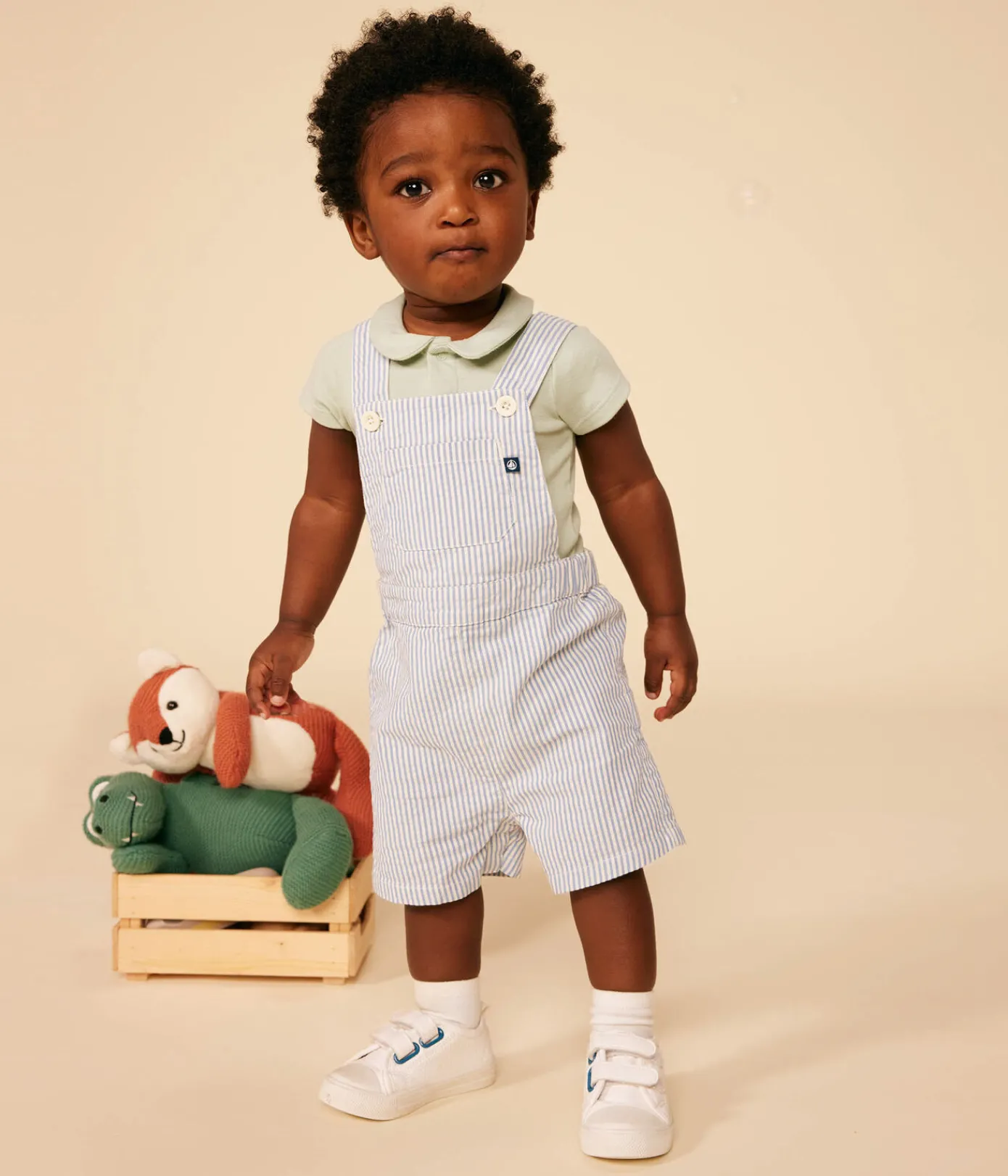 Petit Bateau Sets, Overalls & Latzhosen*Kurze Baby-Latzhose aus Seersucker GAULOISE/ MARSHMALLOW