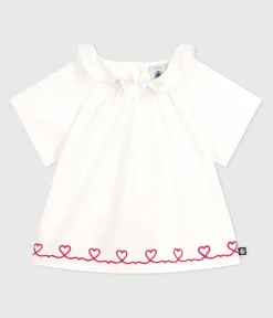 Petit Bateau T-Shirts, Oberteile*Kurzärmelige Baby-Bluse aus Baumwoll-Popeline mit bestickten Herzen weiss ECUME