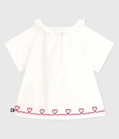 Petit Bateau T-Shirts, Oberteile*Kurzärmelige Baby-Bluse aus Baumwoll-Popeline mit bestickten Herzen weiss ECUME