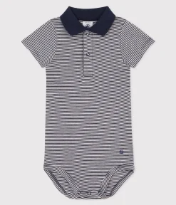 Petit Bateau T-Shirts, Oberteile*Kurzärmeliger Baby-Body aus gestreifter Baumwolle mit Polokragen blau SMOKING/weiss MARSHMALLOW