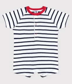 Petit Bateau Sets, Overalls & Latzhosen*Kurzärmeliger Baby-Kurzoverall aus Baumwolle mit Streifen und farblich abgesetztem Kragen. weiss MARSHMALLOW/blau SMOKING