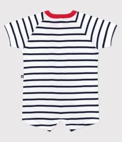 Petit Bateau Sets, Overalls & Latzhosen*Kurzärmeliger Baby-Kurzoverall aus Baumwolle mit Streifen und farblich abgesetztem Kragen. weiss MARSHMALLOW/blau SMOKING