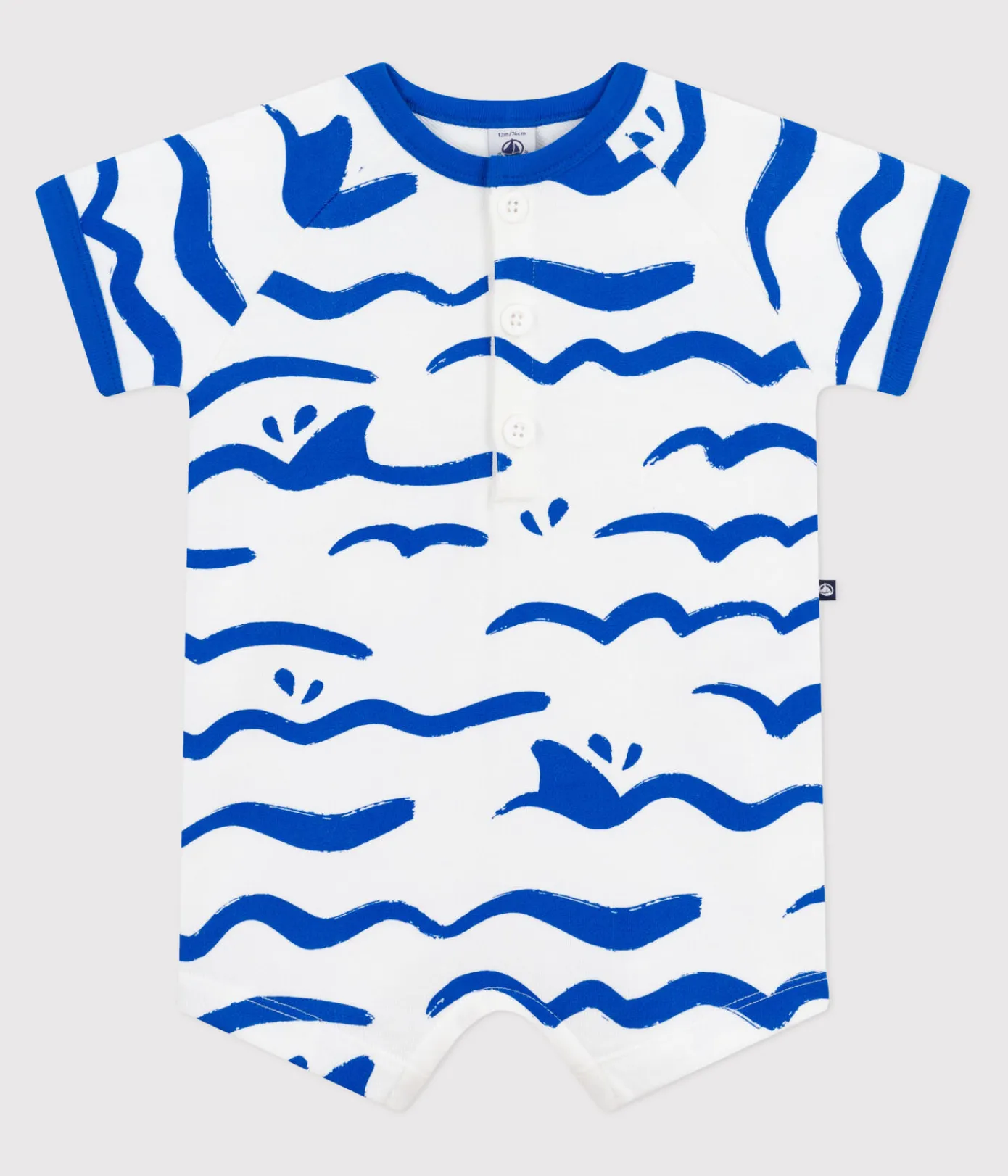 Petit Bateau Sets, Overalls & Latzhosen*Kurzärmeliger Baby-Kurzoverall aus Baumwolle mit Hai-Motiv. blau MARSHMALLOW/ PORCELANA