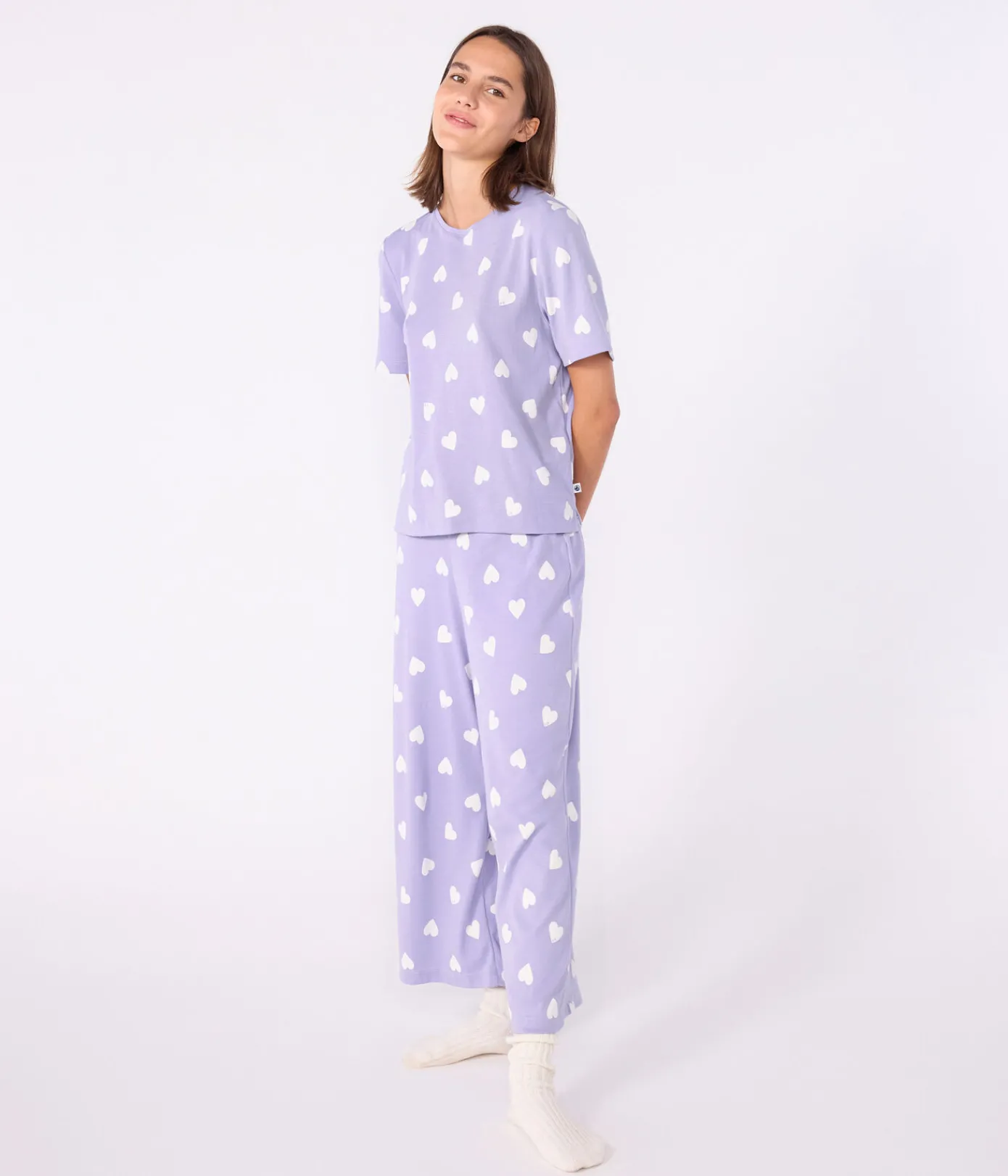 Petit Bateau Homewear|Schlafanzüge, Nachthemden*Kurzärmeliger Damen-Pyjama mit weitem Bein aus Baumwolle Herz-Motiv weiss SQUAW/ MARSHMALLOW