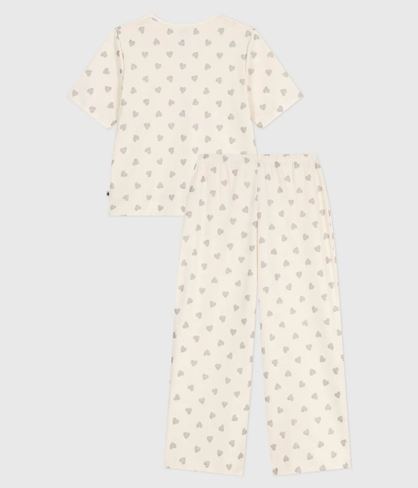 Petit Bateau Homewear|Schlafanzüge, Nachthemden*Kurzärmeliger Damen-Pyjama mit weitem Bein aus Baumwolle mit Herz-Motiv naturfarben MILK/ ARGENT