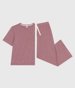 Petit Bateau Homewear|Schlafanzüge, Nachthemden*Kurzärmeliger Damen-Pyjama mit weitem Bein aus Baumwolle mit Streifen ROT AMARANTE/ MARSHMALLOW