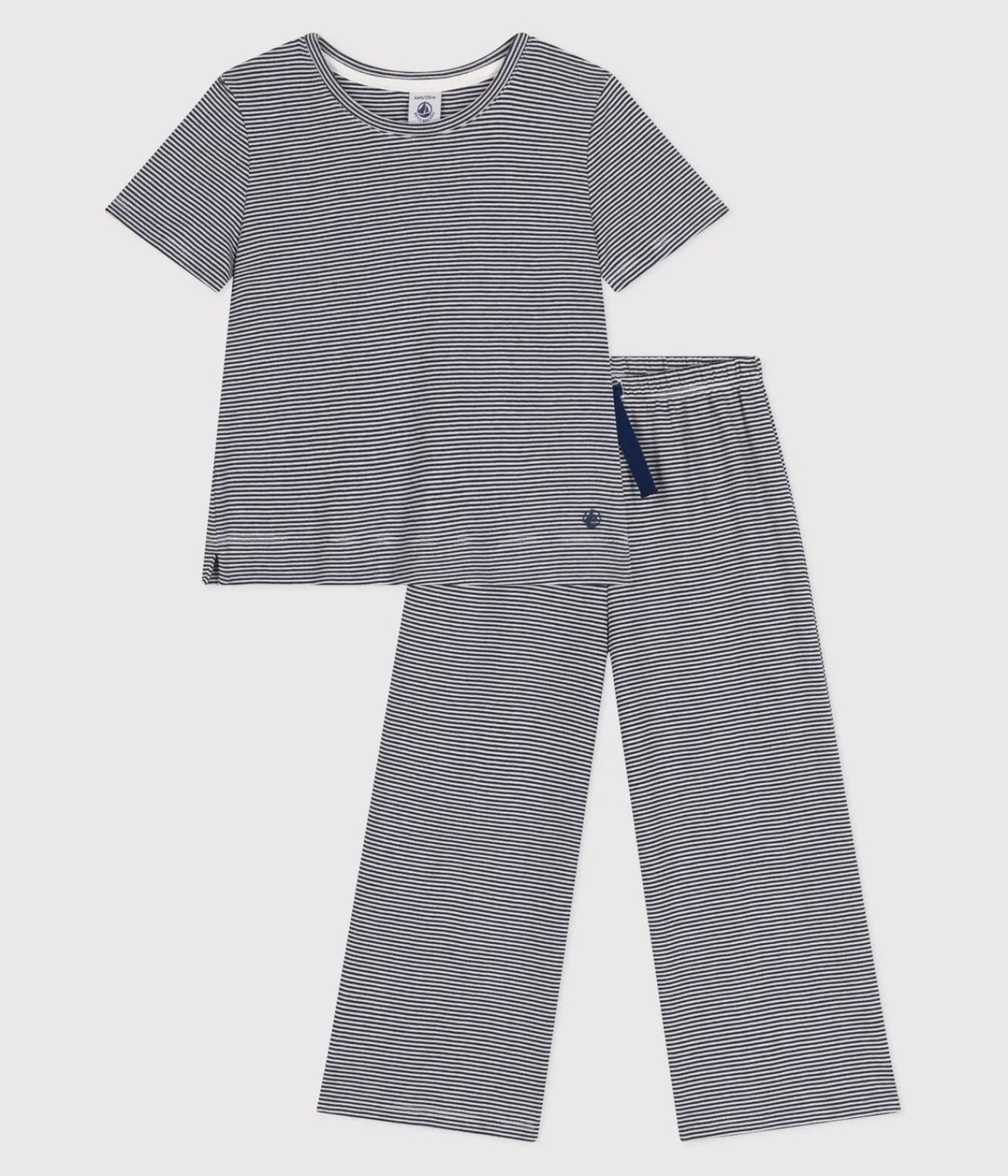 Petit Bateau Schlafanzüge, Nachthemden*Kurzärmeliger Kinder-Pyjama aus Baumwolle mit weiten Beinen und Streifen blau SMOKING/weiss MARSHMALLOW