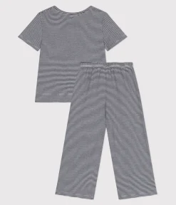 Petit Bateau Schlafanzüge, Nachthemden*Kurzärmeliger Kinder-Pyjama aus Baumwolle mit weiten Beinen und Streifen blau SMOKING/weiss MARSHMALLOW